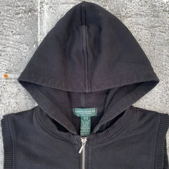 Ralph Lauren Petite Women Vest Black Cotton Hooded Zip Up Vest Size PS - Picture 6 of 11